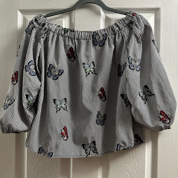 Zara Basic Embroidered Butterfly Off The Shoulder Striped Cropped Blouse Size S - Picture 7 of 13